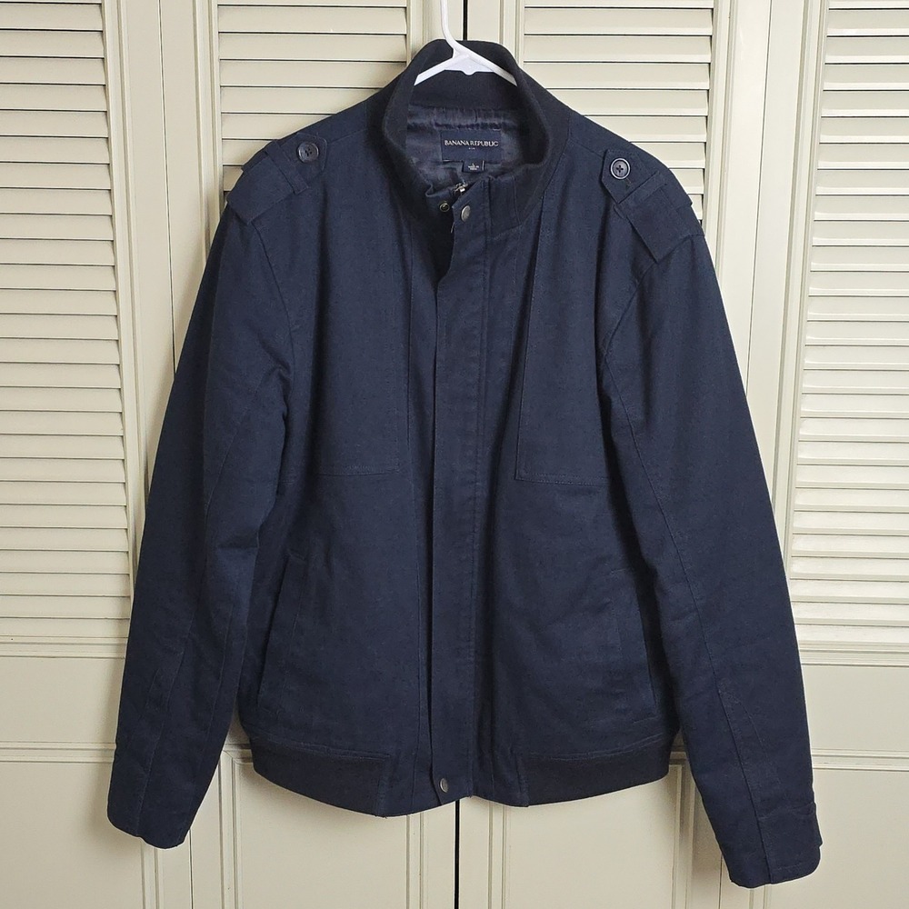 Banana Republic Men's Full Zip Jacket Large L Navy w/ Shoulder Epaulets‎